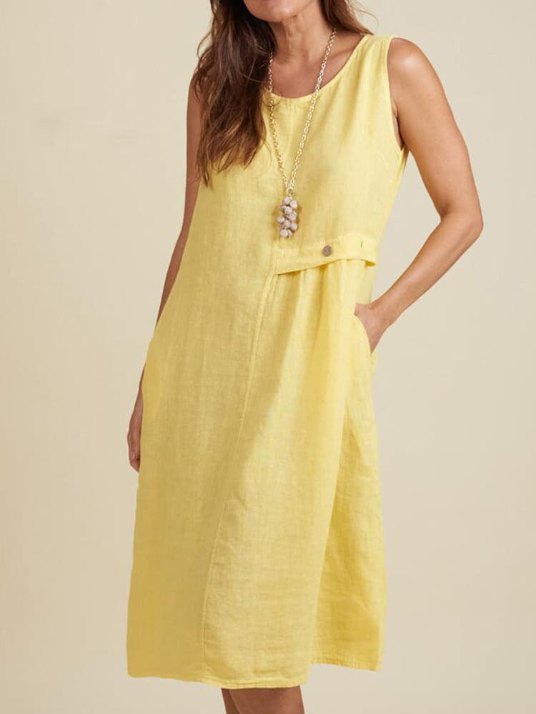 Womens Cotton-Linen Sleeveless Crew-Neck Dress With Buttoned Pockets, Western Style