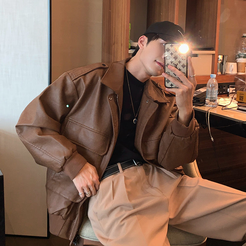 Men's Loose Retro Lapel Leather Jacket