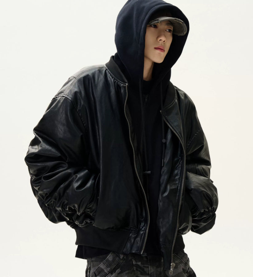 Fake Two-Piece Stitched Hooded Thickened PU Leather Padded Jacket Coat