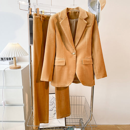 Womens Irregular Minimalist Camel Suit And Pants Set