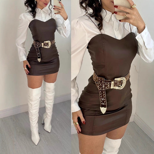 Sling PU Leather Skirt Short Shirt Outfit