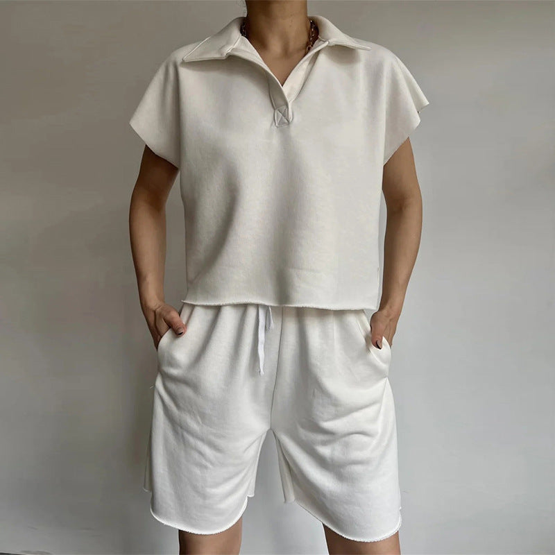 Lapel-collar Full-sleeve Loose Top And Drawstring Shorts Set