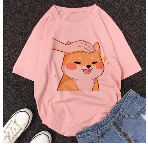 Cute Cat Shiba Inu Printed Women's T-shirt Casual Style