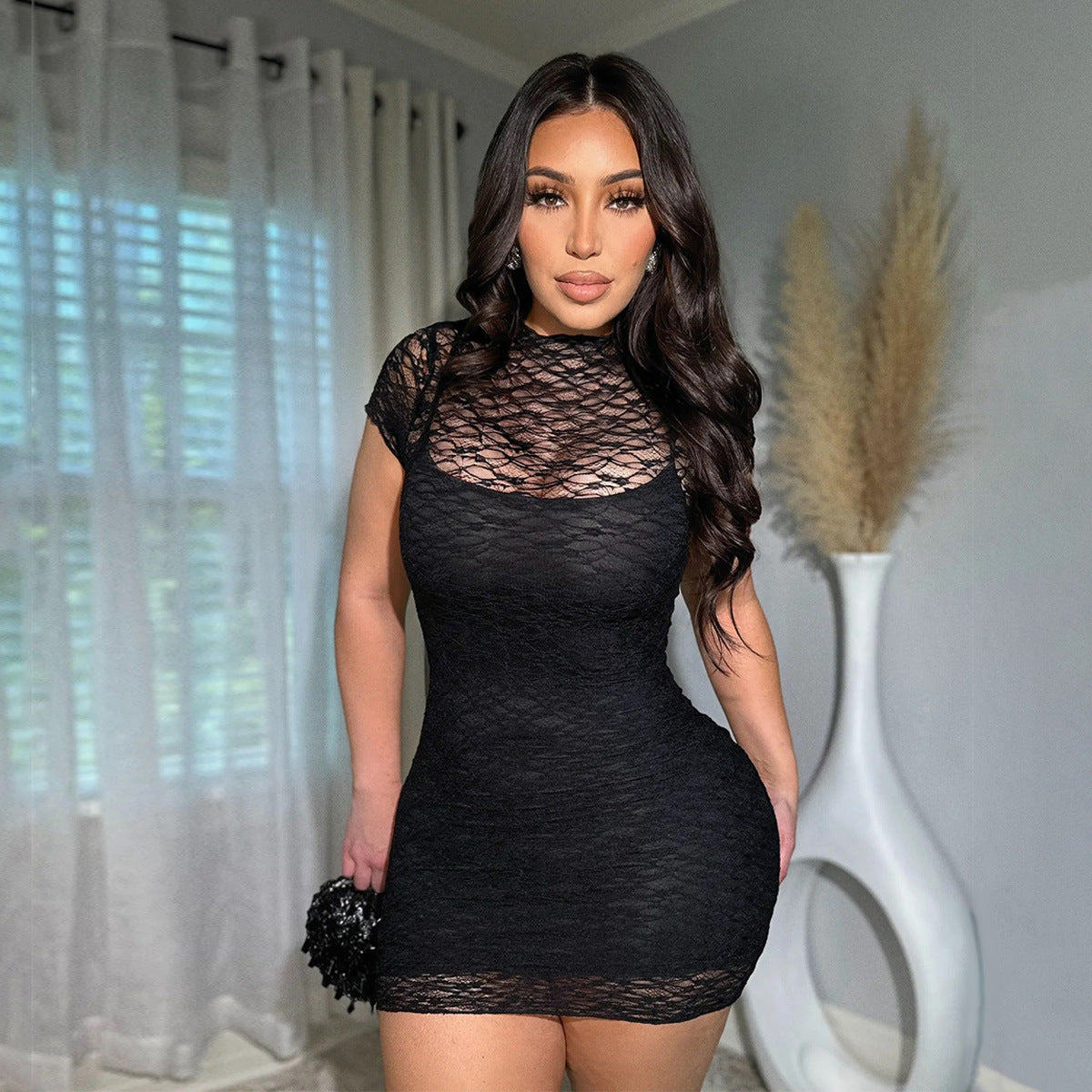 Feminine Fitted Lace Sheer Short-Sleeve Dress