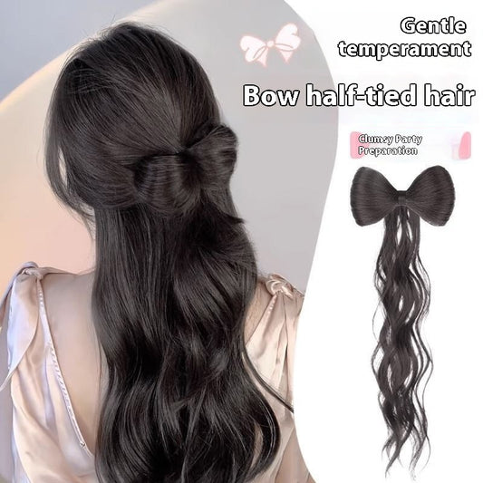 Wig Women's Long Hair Braid Lazy Bow Half Tie Up A Bun Hairstyle Artificial Hair Ponytail
