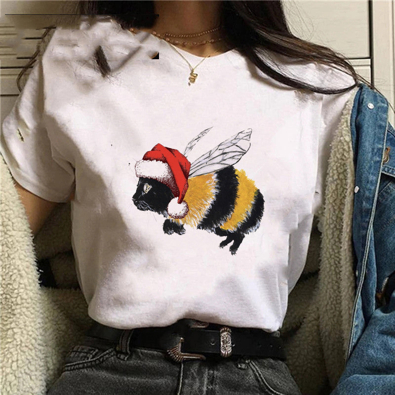 Personalized Cartoon Christmas Bee Print Regular Short Sleeve