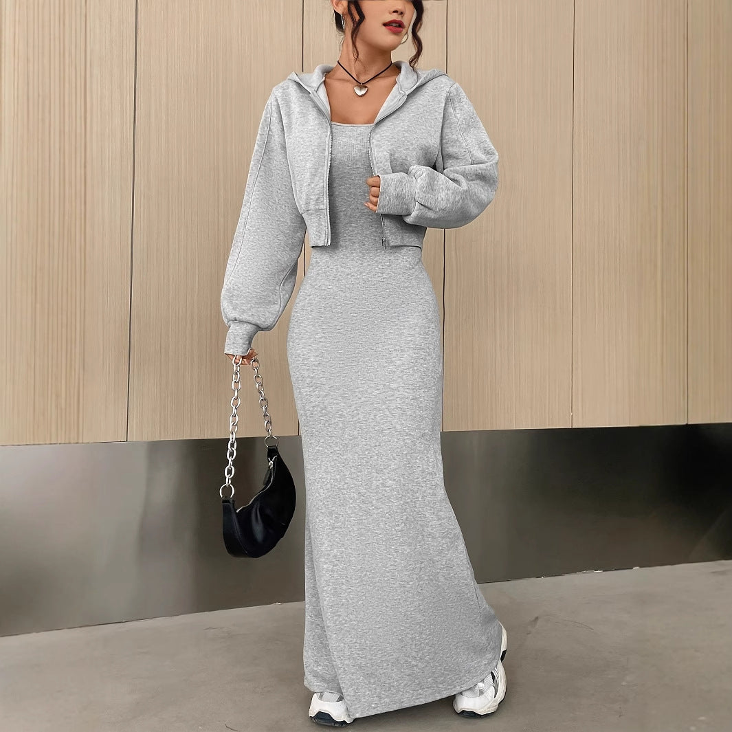 Short Athletic Hoodie Jacket Long Slip Dress