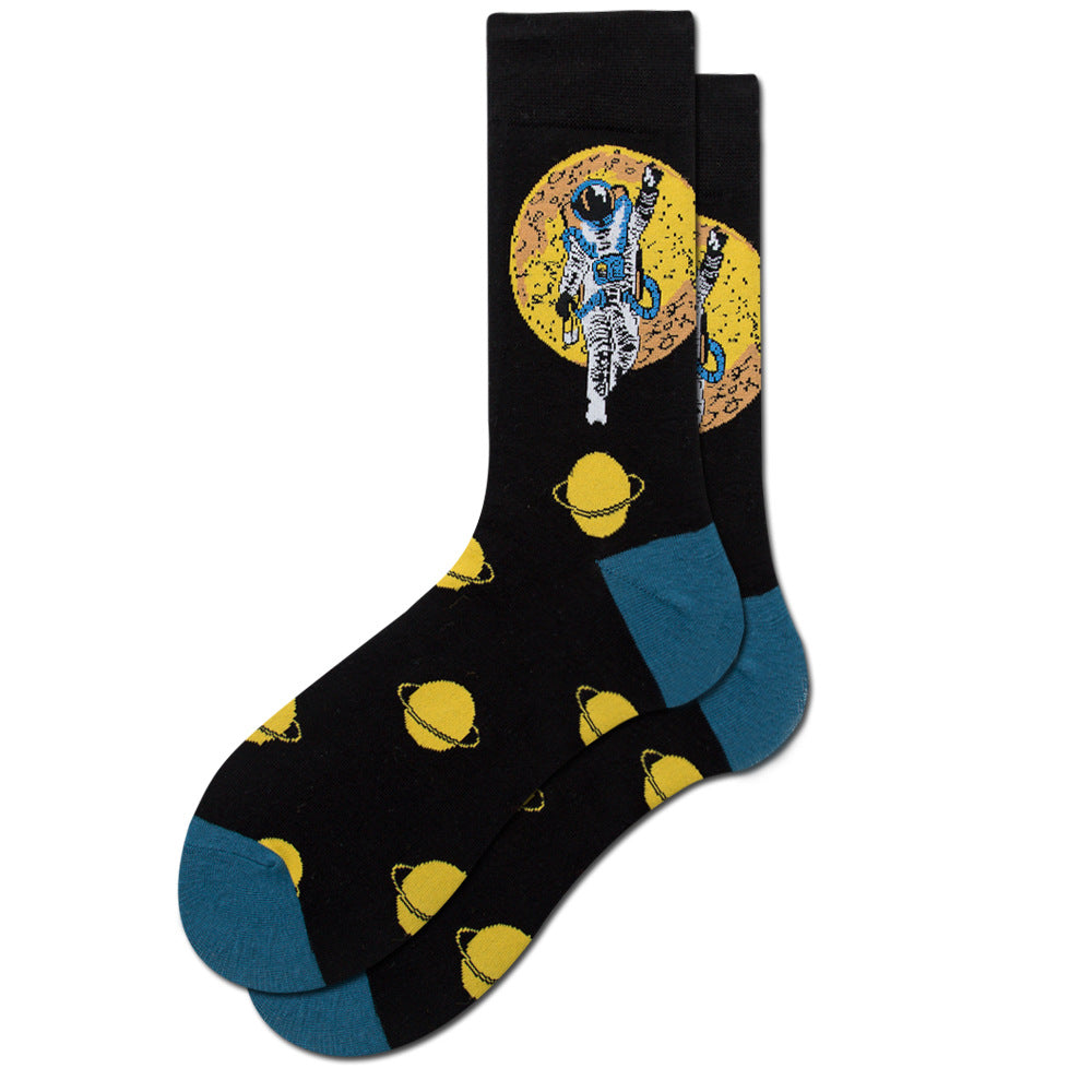 Amazon New Universe Series Men's Big Board Planet Constellation Female Laughing Mid Calf Socks Astronaut Socks Manufacturer