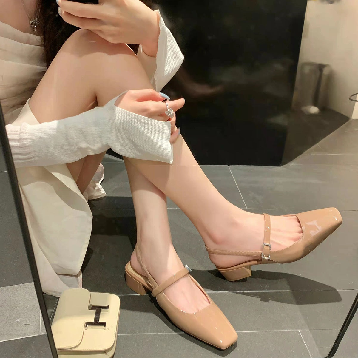 French Square Toe Mary Jane Shoes Rhinestone Square Buckle Chunky Heel