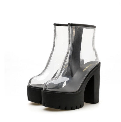 Transparent Film Waterproof Platform Thick Heel Color Matching High Heel Boots
