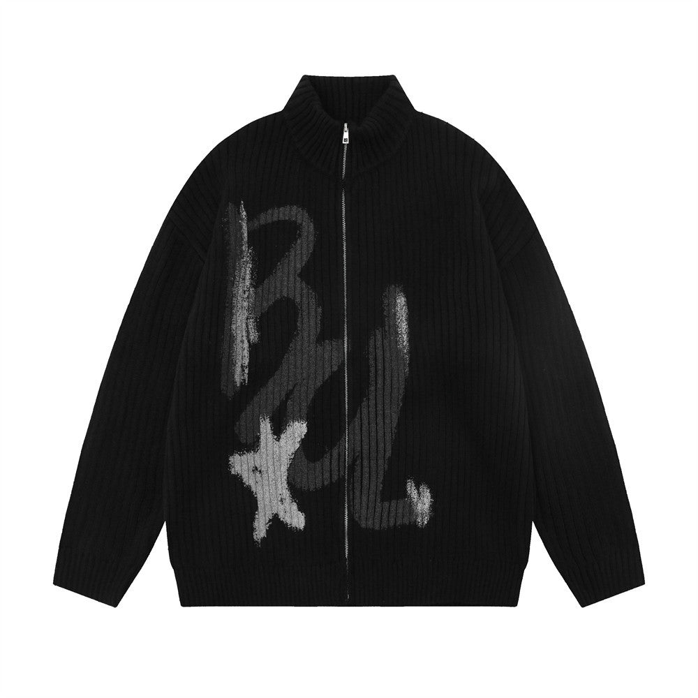 Mænds strikkede cardigan med løs rullekrave og alfabet-graffiti-print – efterårs/vinterfrakke