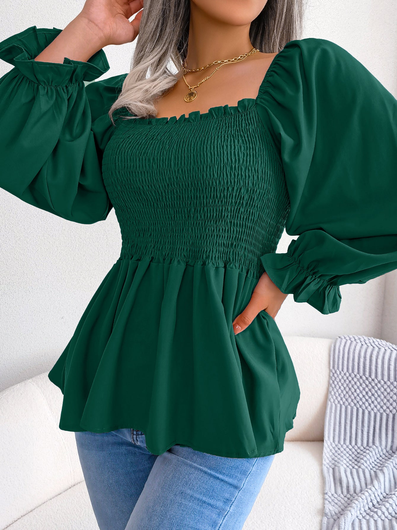 Women's Casual Ruffle Trim Square Neck Long Sleeve Chiffon Top