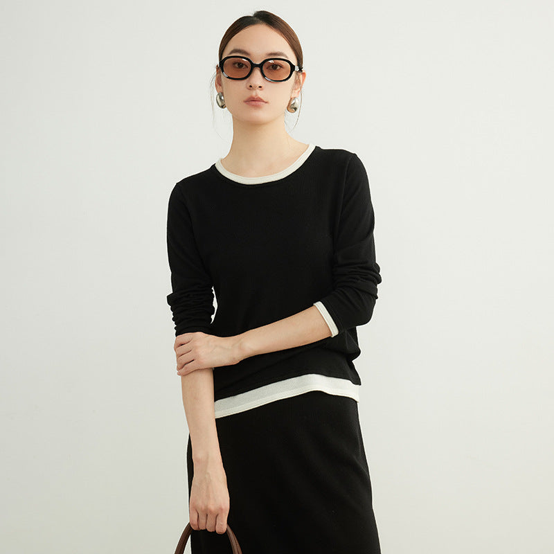 Early Spring Style Wool Sweater Women's Contrast Colors False-two-piece Bottoming Shirt