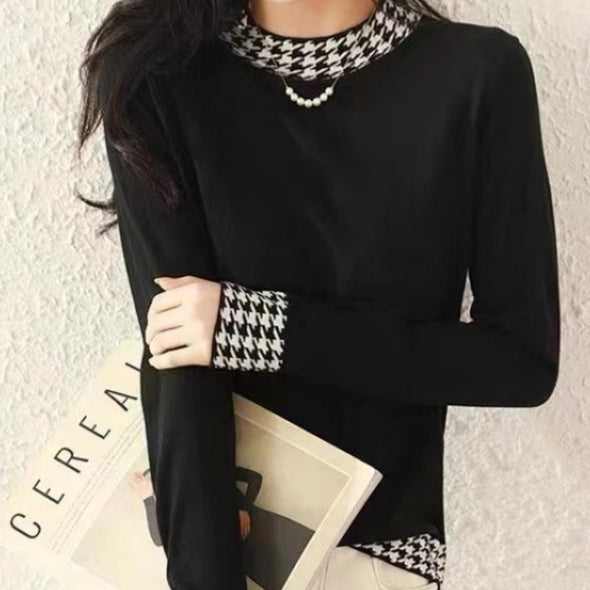 Women's Fashion Houndstooth Stitching Long-sleeved Sweater