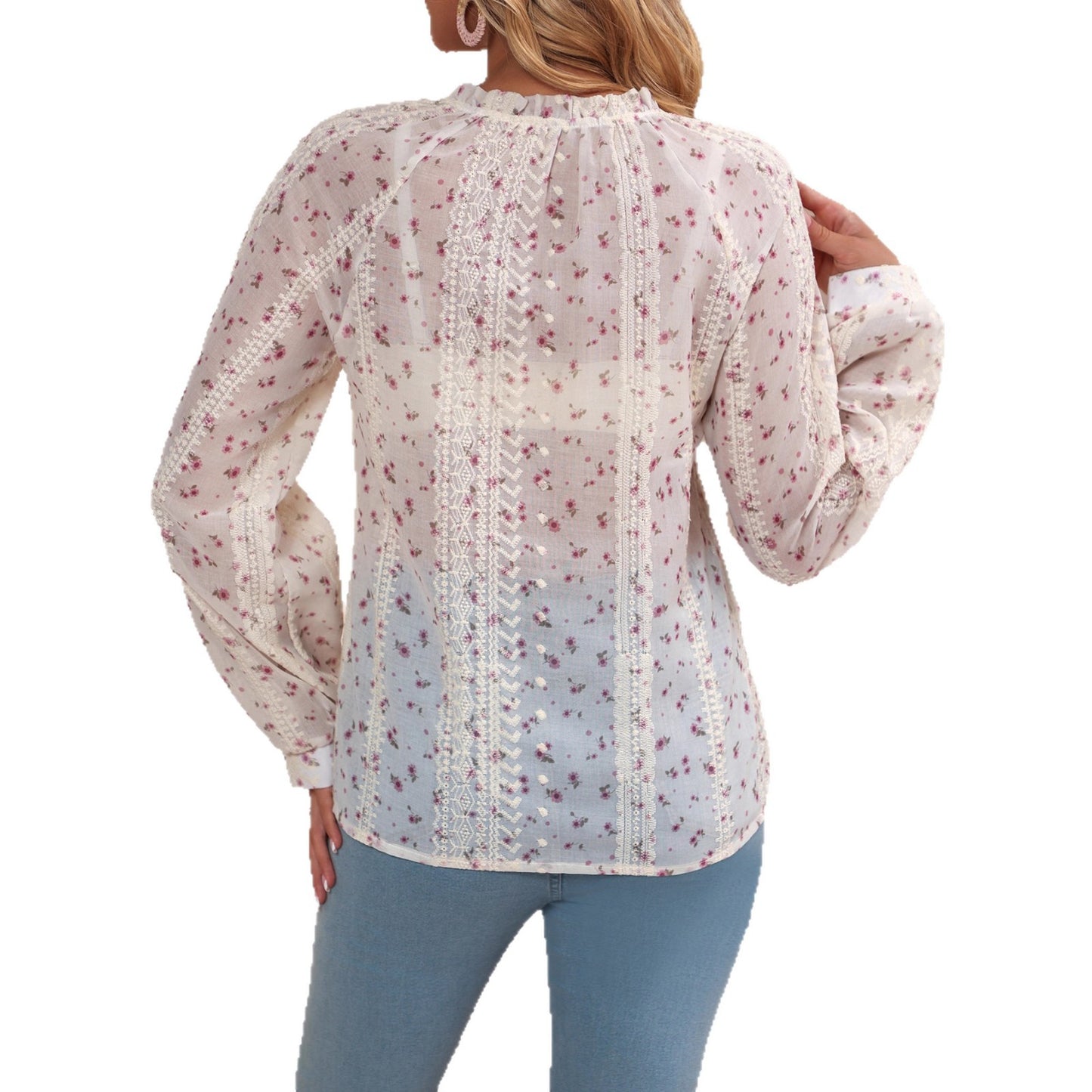 Womens Casual V-Neck Embroidered Shirt With Drawstring Trim