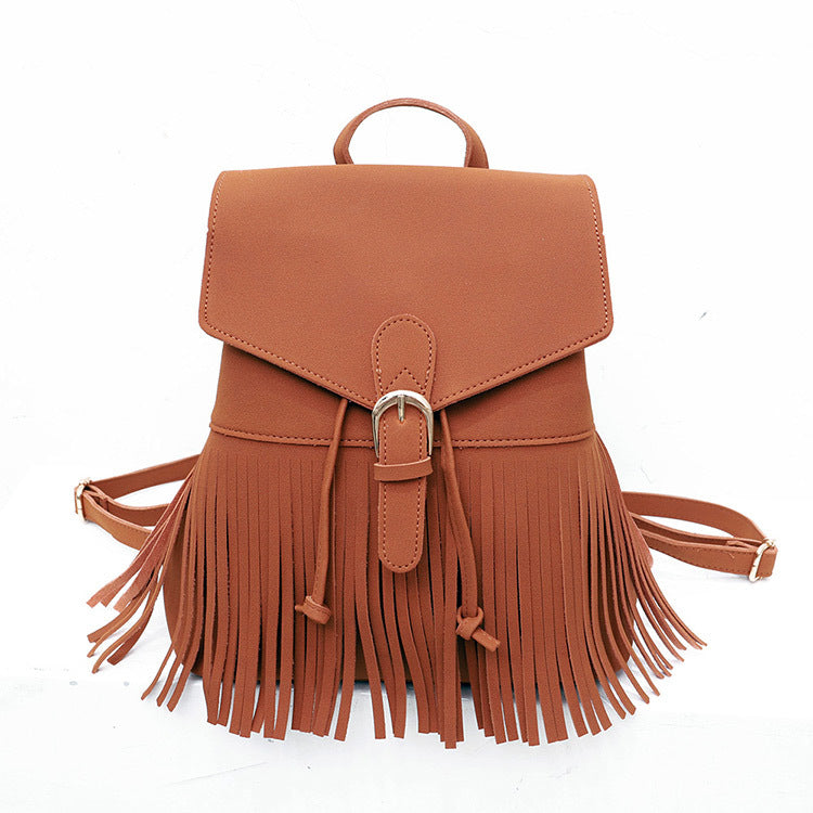 Frosted Women's Tassel Backpack Bundle Mouth Solid Color