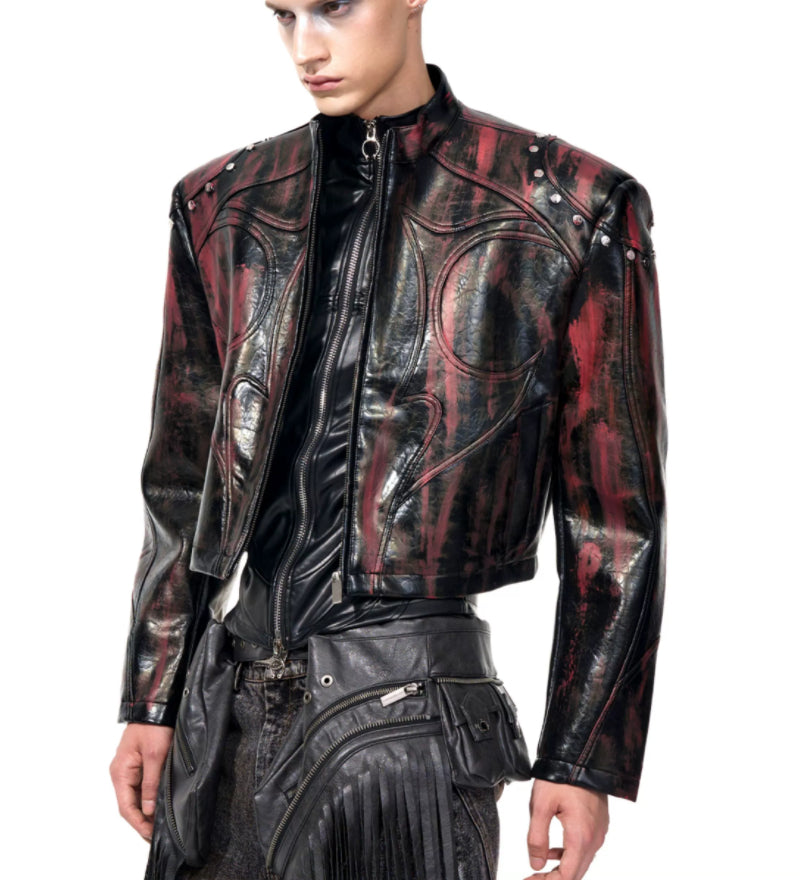 Mens Stand Up Collar Leather Jacket With Shoulder Pads