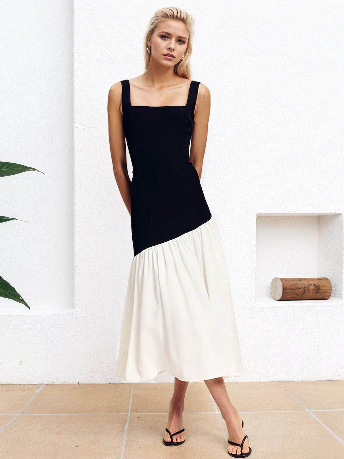 Color Block Dress Sleeveless Halter Neck Black And White Contrast Maxi Dress