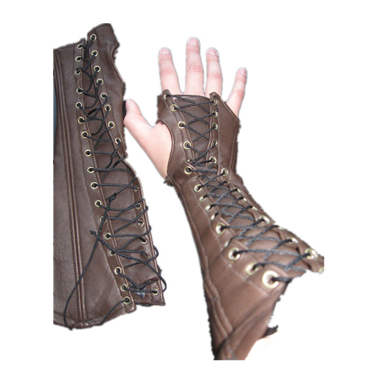 PU Long Lace Up Wrist Guard Half Finger Gloves