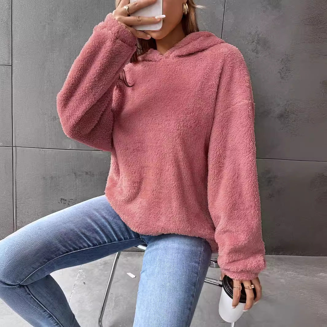 Enkel og moderne hættetrøje til kvinder i dobbeltlags fløjl, løstsiddende, langærmet sweatshirt