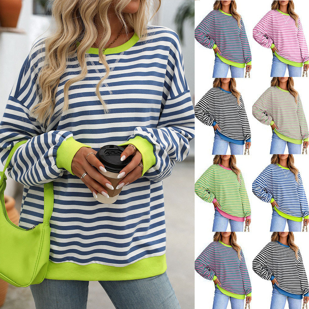 Women's Colorful Striped Round Neck Loose Sweatshirt