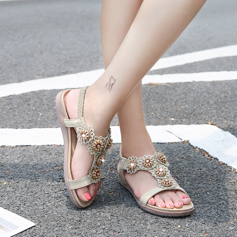Round Toe Rhinestone Flower Women's Sandals