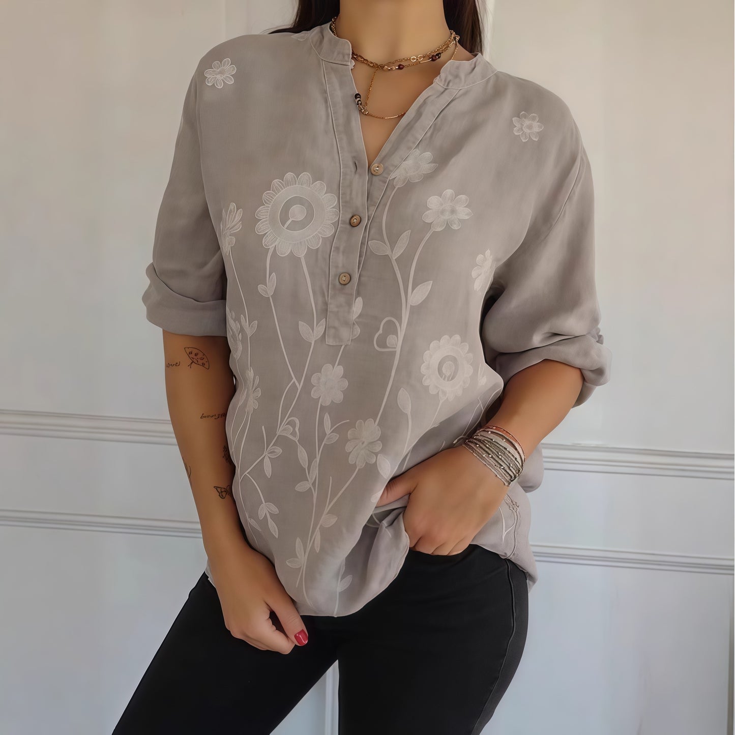 Women's Lace Embroidered Button V-Neck Shirt