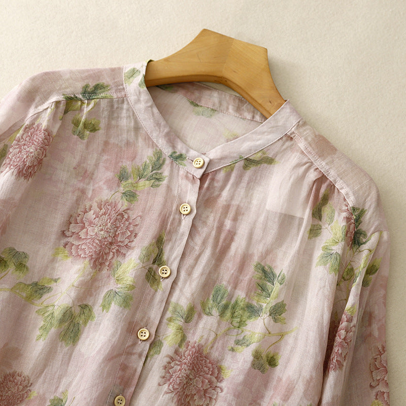 Sweet Doll Shirt With A Round Neck Three-quarter Sleeves And A Delicate Peony Floral Print On Ramie Fabric