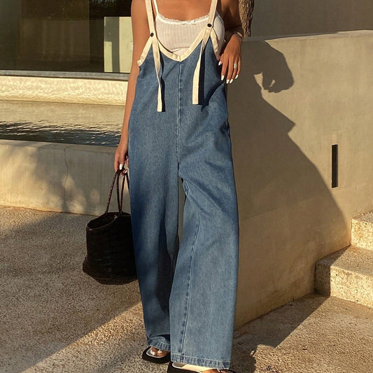 Women's Contrasting Casual Loose Denim Overalls