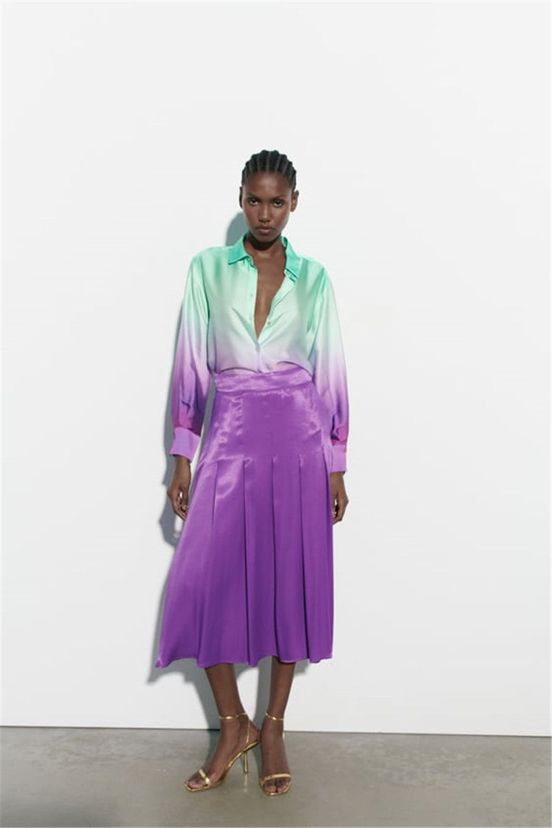 Long Sleeve Tie-dyed Loose Shirt Silk Satin Pleated Suit Women