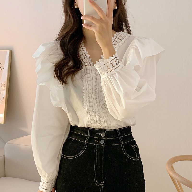 Ruffled Collar Lotus Loose Long Sleeve Shirt