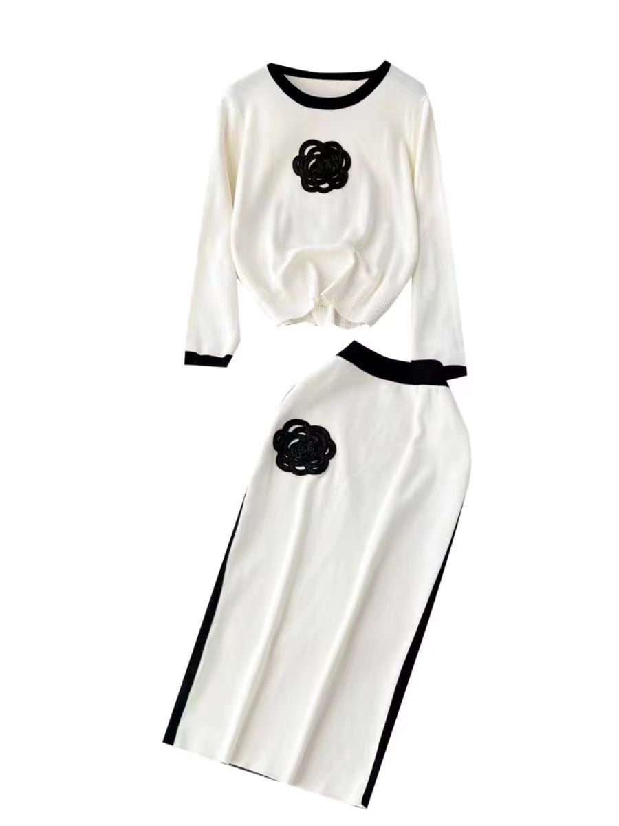Crew-neck Loose-fit Knit Top And High-waisted Midi Skirt