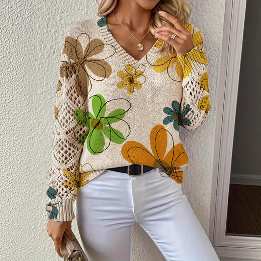 Printed Sweater With A V-neck And Long Sleeves Pullover Style