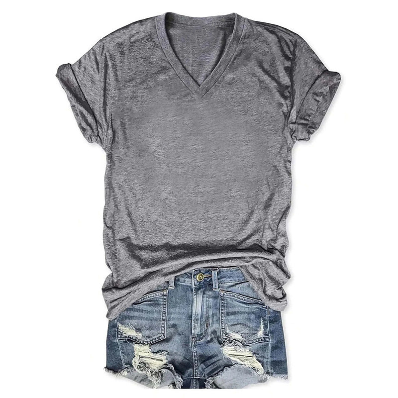 Europe And America Spring And Summer Solid Color Printing T-shirt V-neck Pullover