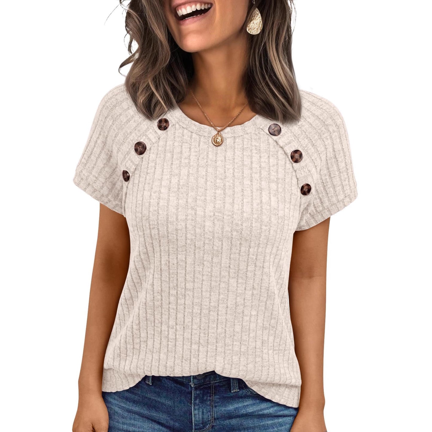 Womens Ribbed Crew-neck Button-panel Short-sleeve Top