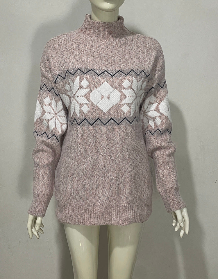 Embroidered Jacquard Pullover Loose Bottoming Shirt Mock Neck Sweater Coat