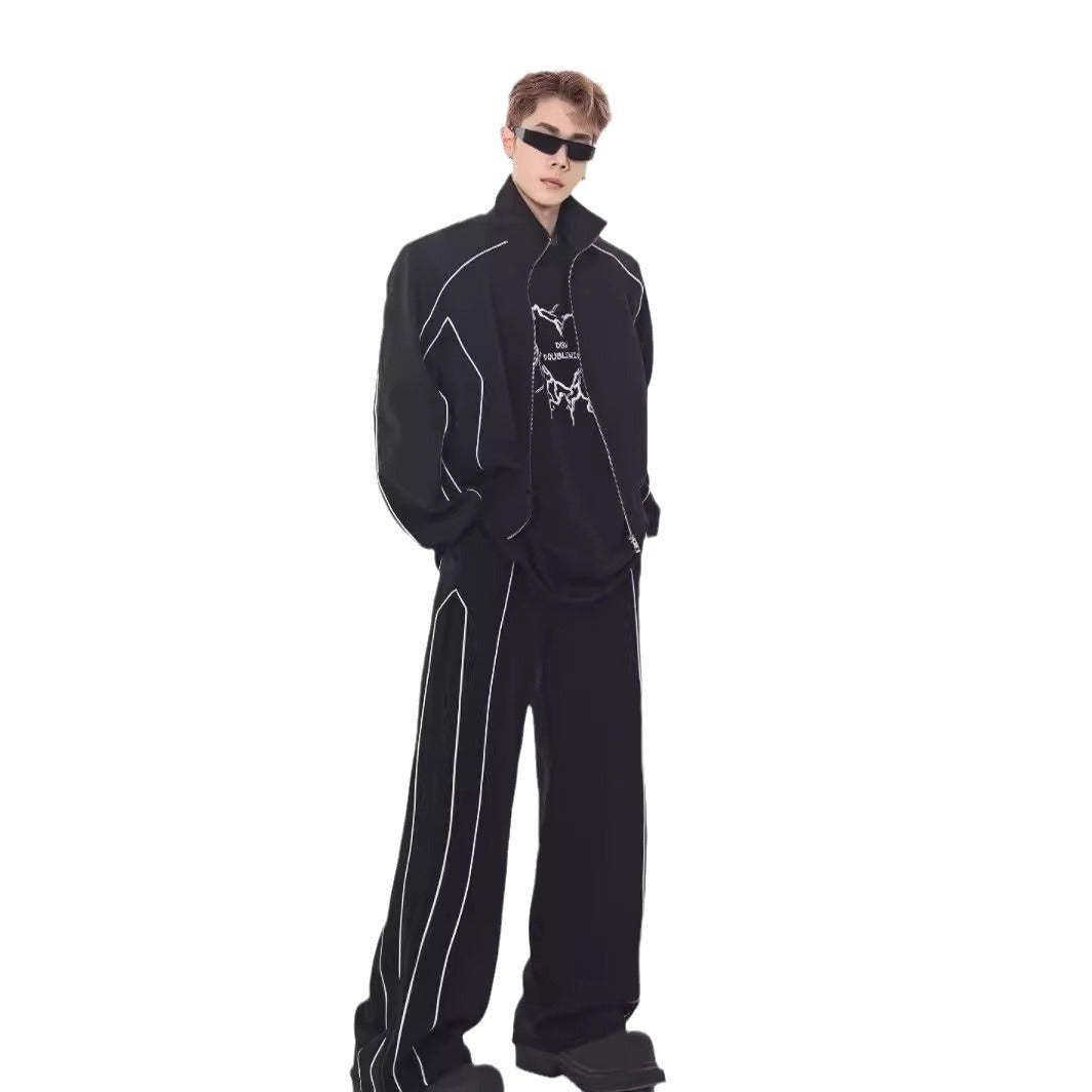 High-end Pu Shuai Casual Suit Loose Design Cardigan Stand Collar Jacket Wide Leg Pants Matching Two-piece Suit