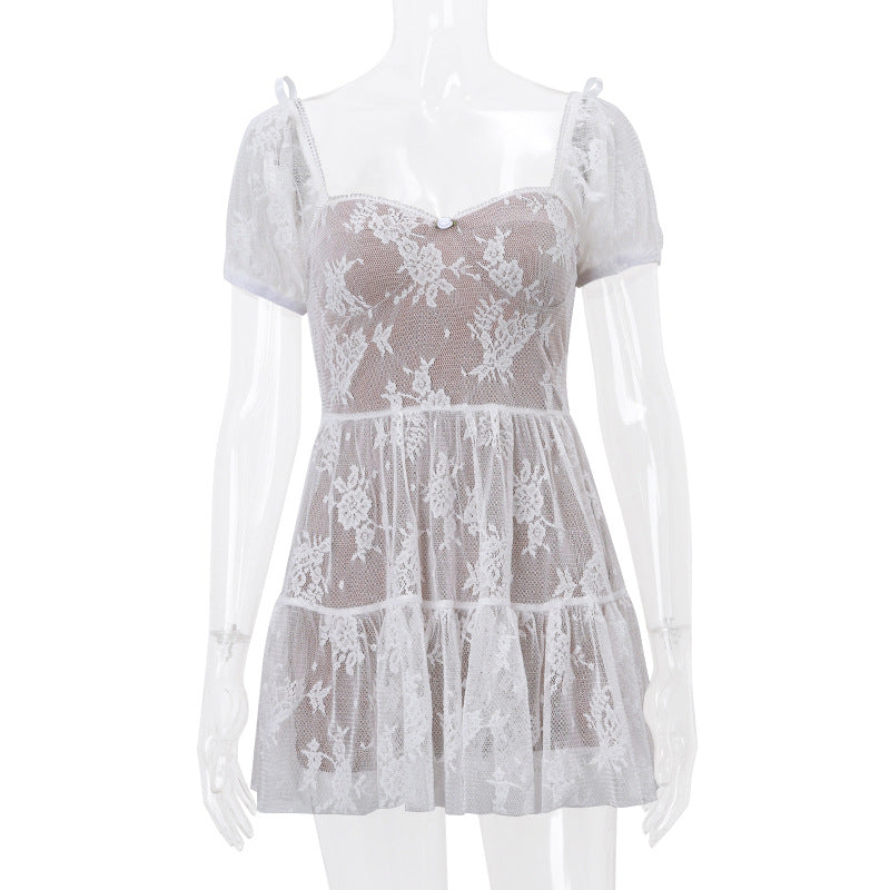 Square-neck Mesh Waist-cinched Puffed-sleeve Short-sleeve Dress