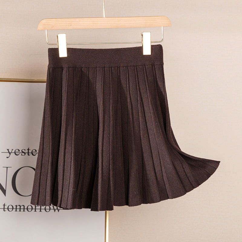 Knitted High Waist Slimming All-matching A- Line Pleated Half-length Wool Pettiskirt