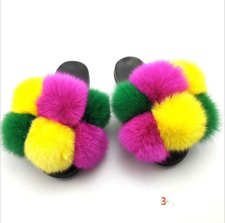 Flip Flops Fashion Outer Wear Fox And Raccoon Fur Children's Sandals And Slippers