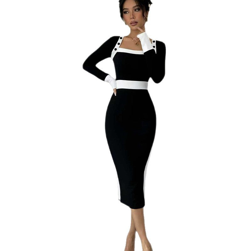 Womens Patchwork Color-Block Bodycon Skirt Dress