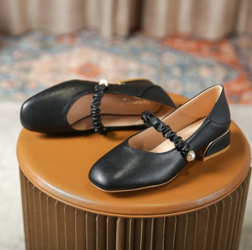Vintage One Word Strap Square Toe Chunky Heel Ladies Shoes