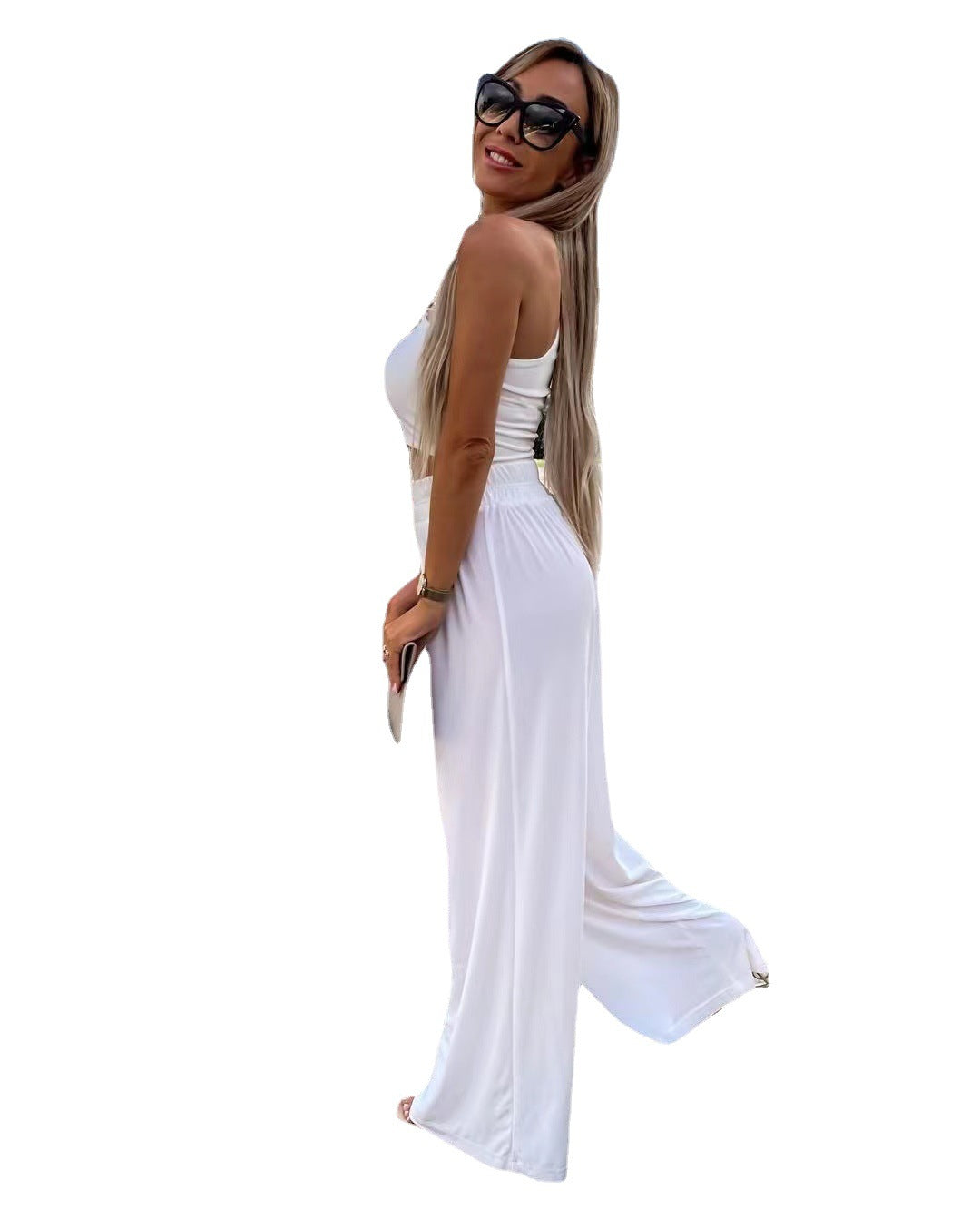 Solid Color One Shoulder Long Sleeve Pants Casual Suit Women