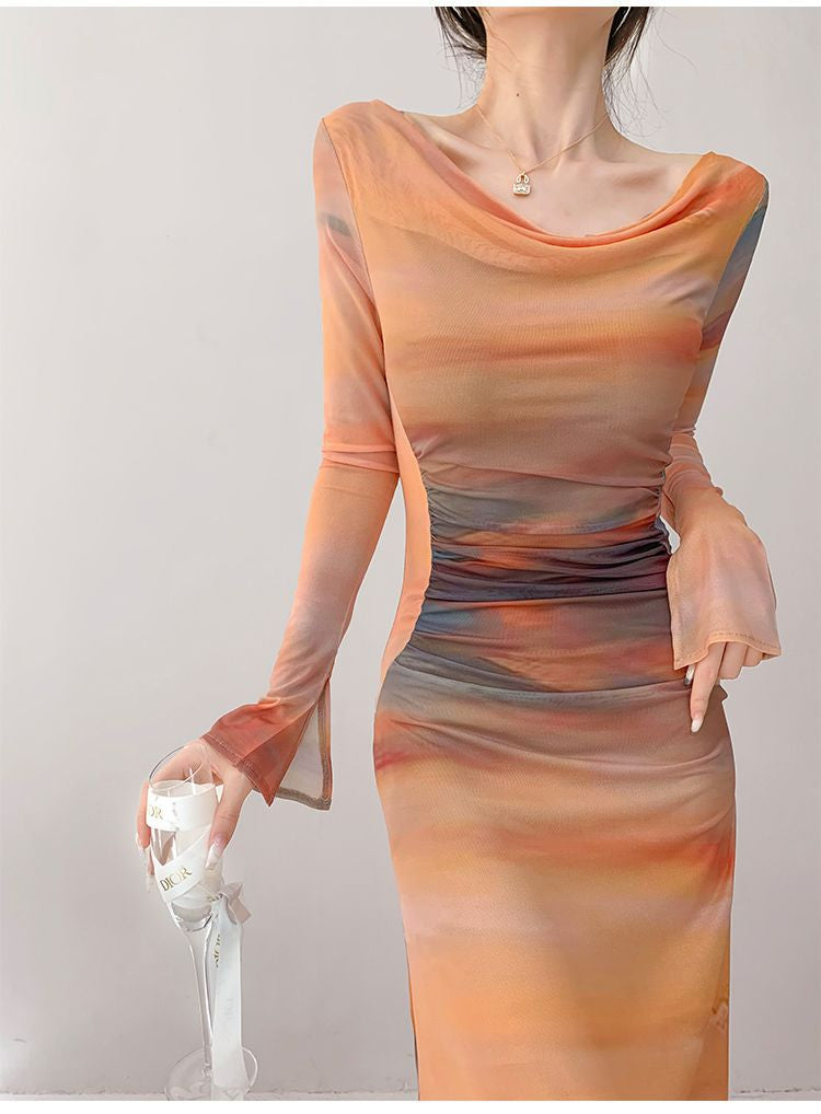 Swan-Neck Sister Mesh Print Boat-Neck Dress