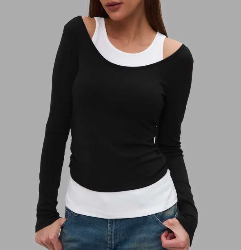 Fake Two-tone Color Long Sleeve Women's Slim-fit Short Base Shirt