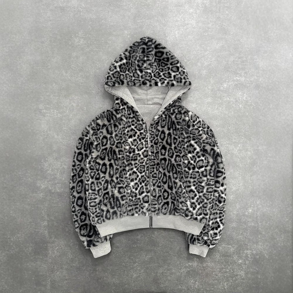 Hooded Hoodie Two Sides Can Wear Vintage Leopard Print Zipper Hoodie