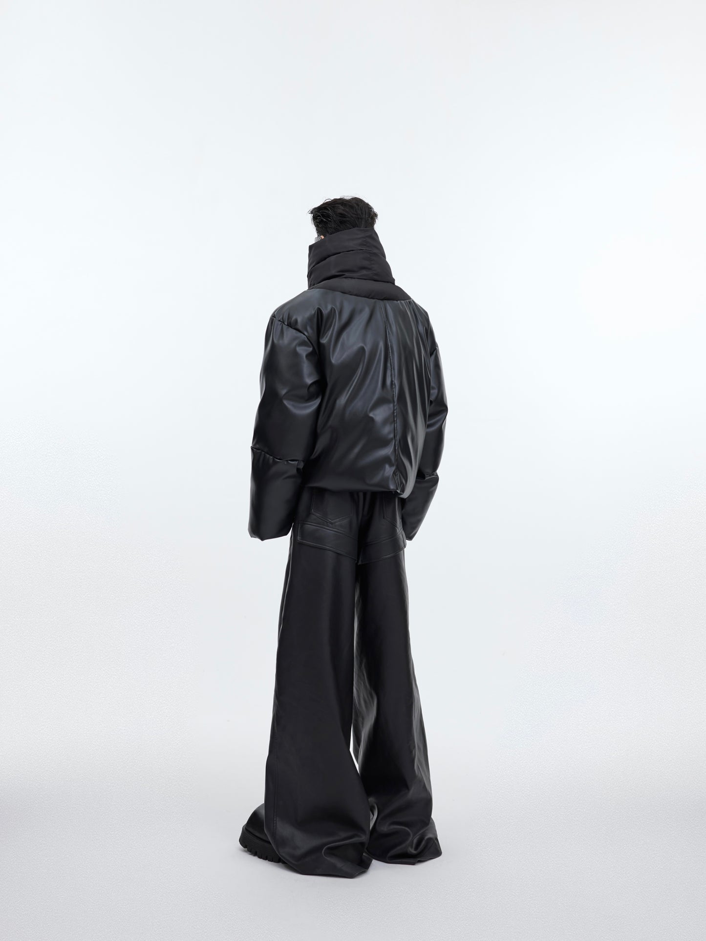 Double-layer Collar Design Cotton Coat Jacket Glossy PU Leather Stitching Thickening Cotton-padded Coat