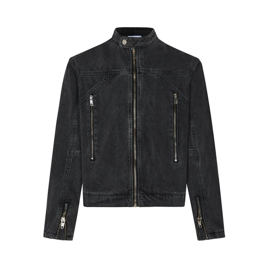 Washed Distressed Denim Jacket With Half Turtleneck Zipper