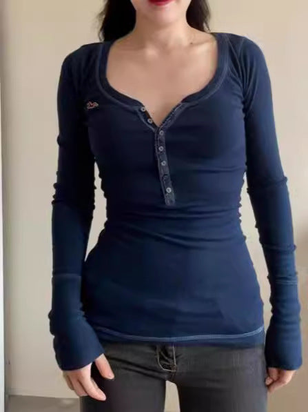 Simple Solid Color Rib Fabric Tight Long Sleeve Bottoming Shirt