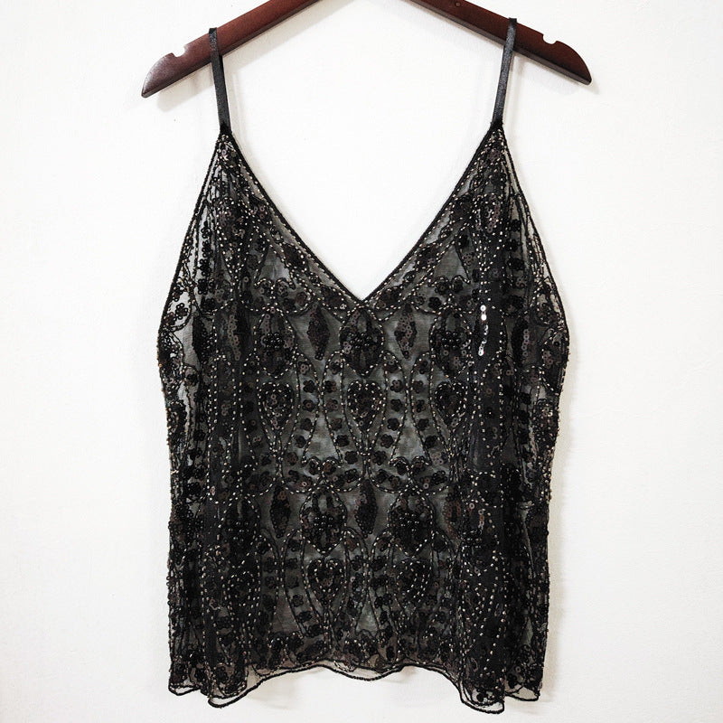 Summer Sequins Beaded Sling Basic Sexy Slimming Short V-neck Vest
